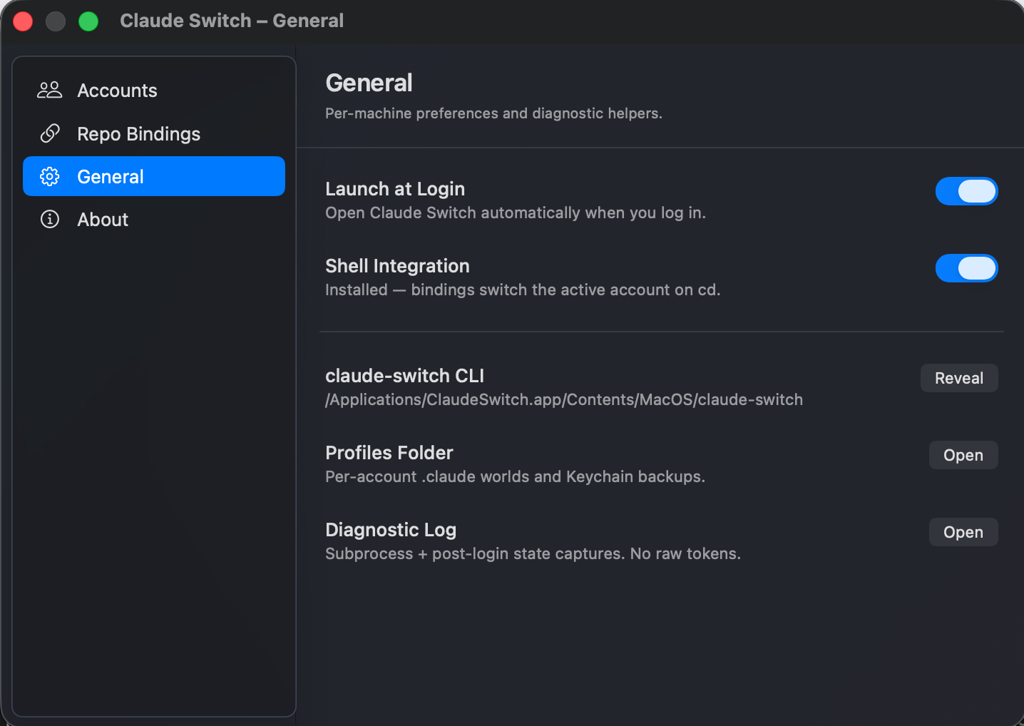 Claude Switch Settings window on the General tab, showing Launch at Login and Shell Integration toggles plus reveal buttons for the CLI, profiles folder, and diagnostic log