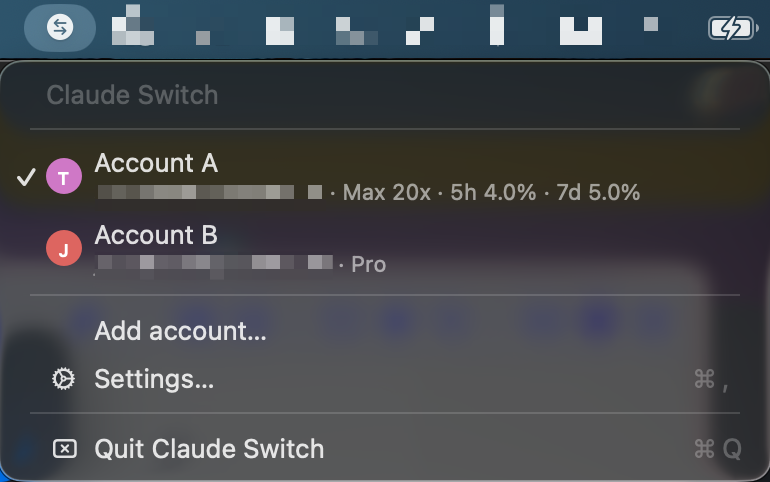 Claude Switch menu bar dropdown showing two account rows with avatars, emails, plan labels, and usage percentages