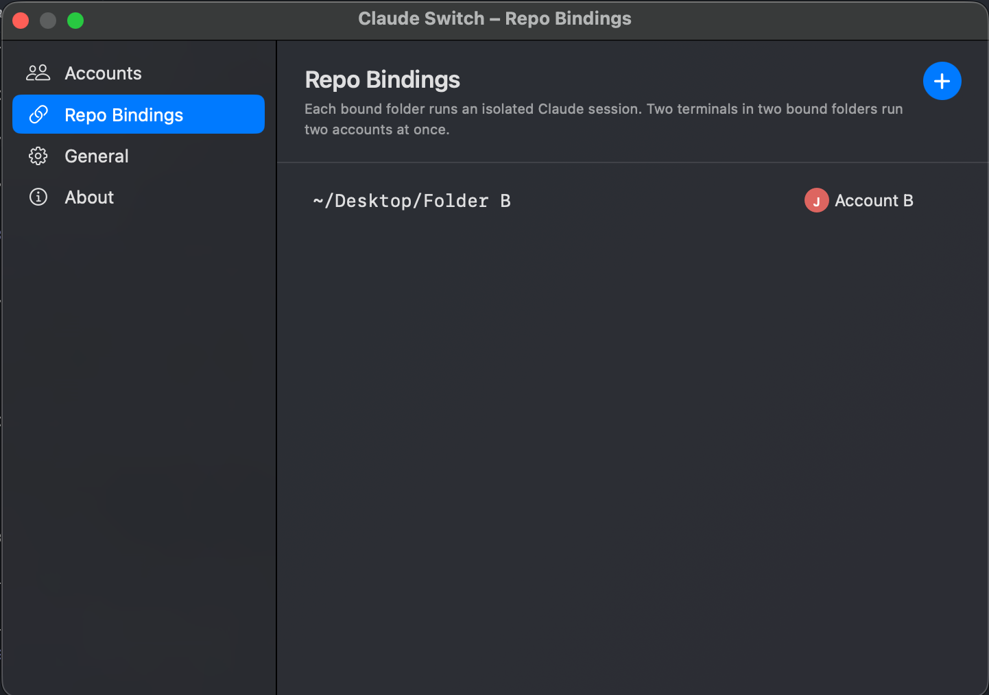 Settings window on the Repo Bindings tab, showing two folder paths each bound to a different account with avatar chips
